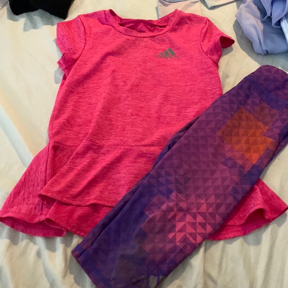 Pink Addidas Ruffles Matching Sets | Adidas Pink Ruffle Top With Design Capri Bottoms | Poshmark